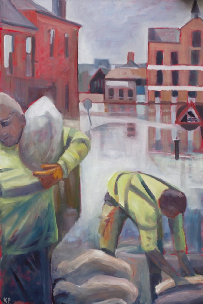 Painting of highway workers sandbagging against floods