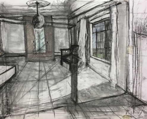 charcoal sketch of interior