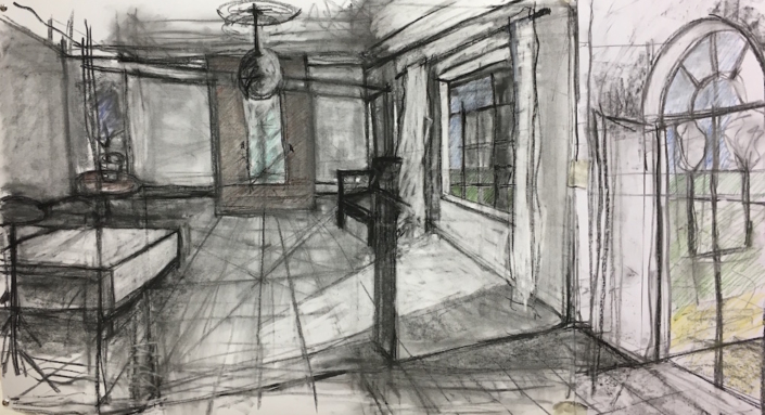 charcoal sketch of interior