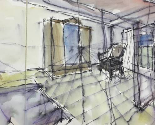watercolour and ink sketch of interior