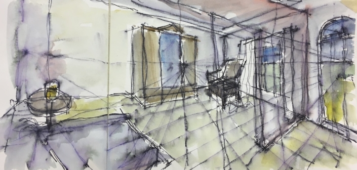 watercolour and ink sketch of interior