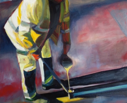 Painting of man painting yellow lines on the road