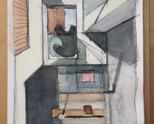 watercolour of interior with sunlight