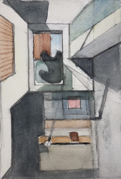 watercolour of interior with sunlight