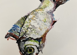 Beastie 9, Fish, oil pastel, 29.5 x 29cm